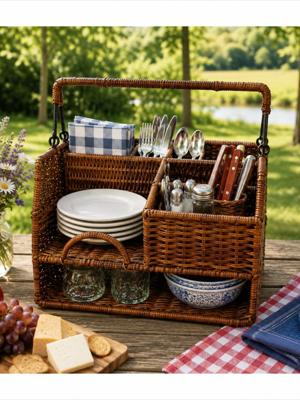 Vintage Wicker Picnic Table Caddy – Divided Picnic Organizer Basket